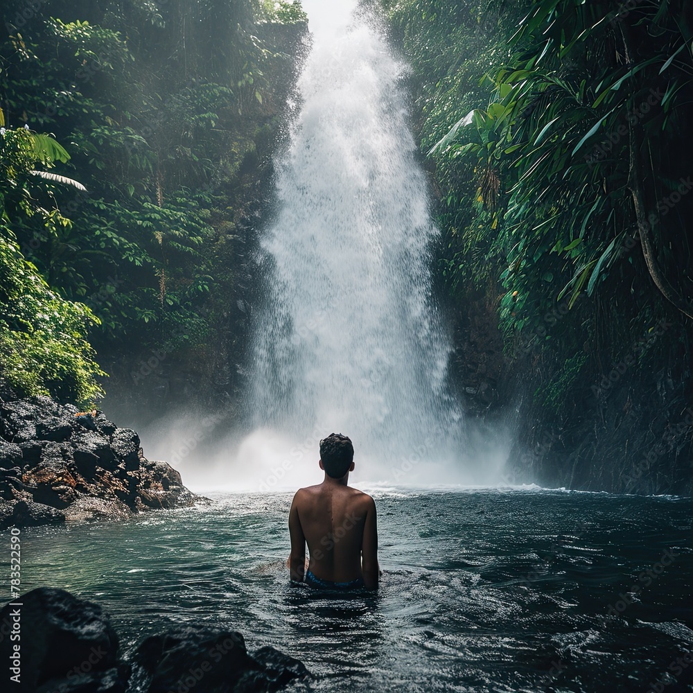 Obraz premium a man swims at a tropical waterfall in sunny weather
