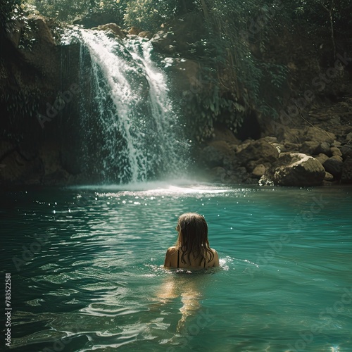 a girl swims at a waterfall in sunny weather