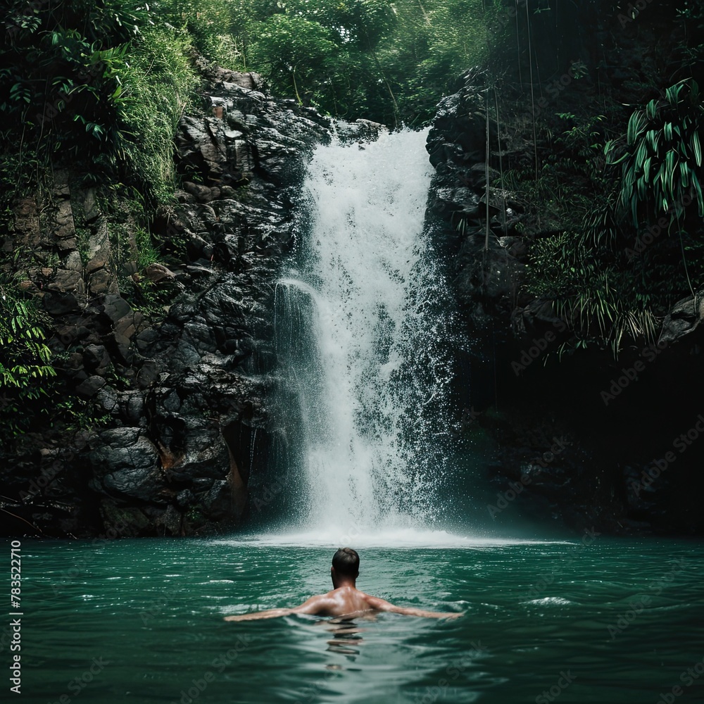 a man swims at a tropical waterfall in sunny weather a man swims at a tropical waterfall in sunny weather