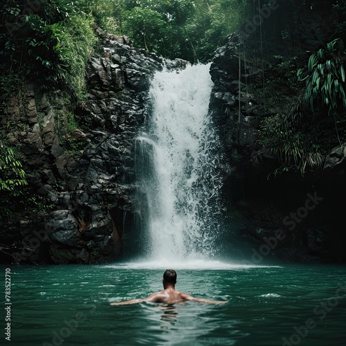 a man swims at a tropical waterfall in sunny weather