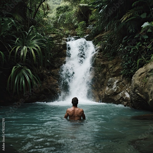 a man swims at a tropical waterfall in sunny weather © Olga