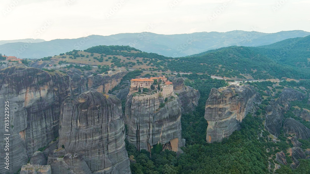 Meteora, Kalabaka, Greece. Monastery of Varlaam. Meteora - rocks, up to 600 meters high. There are 6 active Greek Orthodox monasteries listed on the UNESCO list, Aerial View