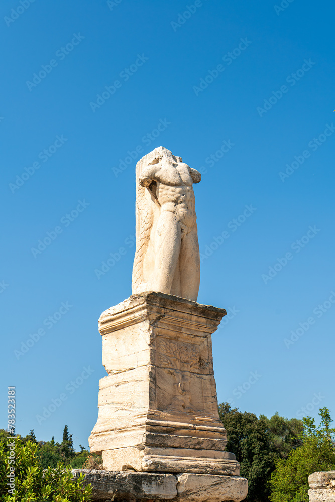 Athens, Greece. Ancient statues. Odeon of Agrippa. Athens Agora. Summer sunny day
