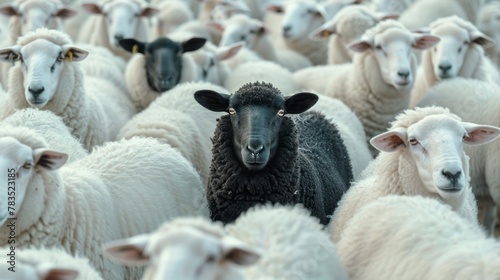 A black sheep among a flock of white sheep, raising head as a leader © ProductionK