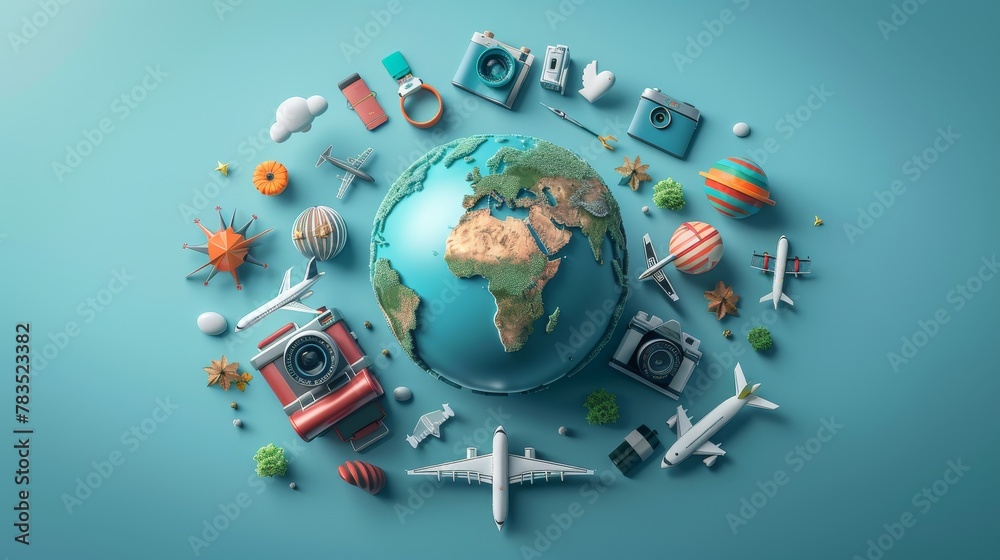 Travel and Tourism: A 3D vector illustration of a globe with travel-related icons like airplanes Travel and Tourism: A 3D vector illustration of a globe with travel-related icons like airplanes