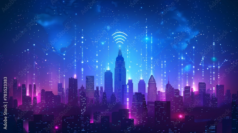 Wireless Technology: A 3D vector illustration of a city skyline