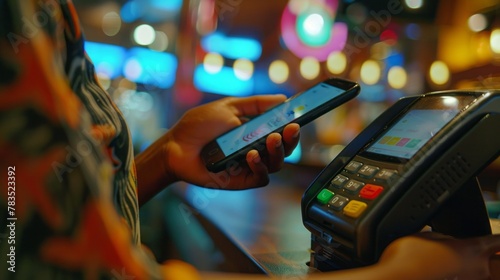 A close-up shot of an individual using their smartphone to make contactless payment at the front desk, with a visible digital credit card terminal in view.
