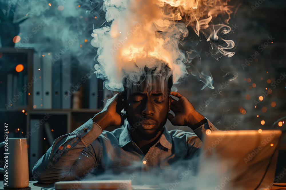 Burnout, migraine, headache creative concept. A suffering African American man sits in front of a laptop in the office, holding his smoking and burning head Burnout, migraine, headache creative concept. A suffering African American man sits in front of a laptop in the office, holding his smoking and burning head