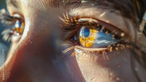 An extreme closeup of a persons eyes, with a faint reflection of a social media profile page visible in the iris, symbolizing the influence of social media on selfimage and selfesteem. photo