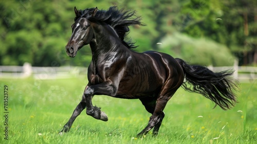 A horse running sideways on the grass
