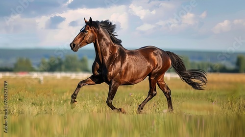 A horse running sideways on the grass