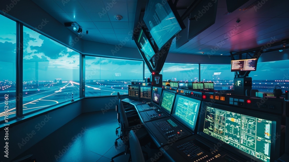 Strategic operations in the navigation room of a contemporary airport, guiding planes in a dynamic airspace