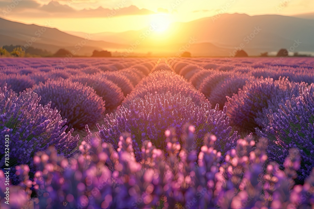 Obraz premium A landscape of a summer sunset on a lavender field.