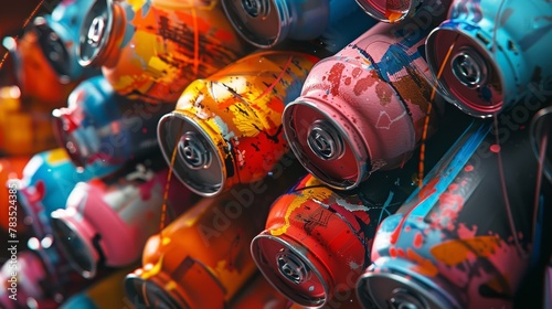 Dynamic angle on a cluster of colorful, used spray paint cans, echoing past creations