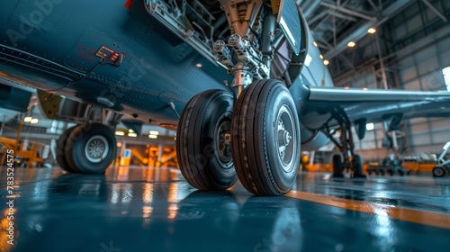 Close-up of an airplane's landing gear in a hangar, emphasizing the robust rubber and metal chassis