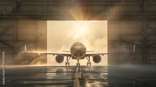 Bright light floods the gate of an industrial hangar, highlighting an aircraft ready for departure