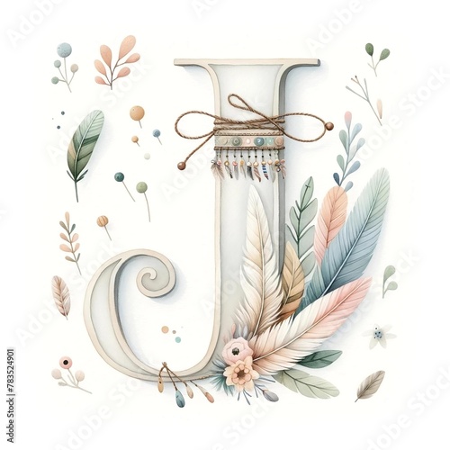 Bohemian Floral Alphabet Letter J Illustration
 photo
