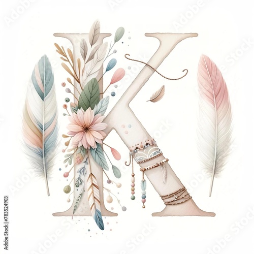 Bohemian Floral Alphabet Letter K Illustration
 photo