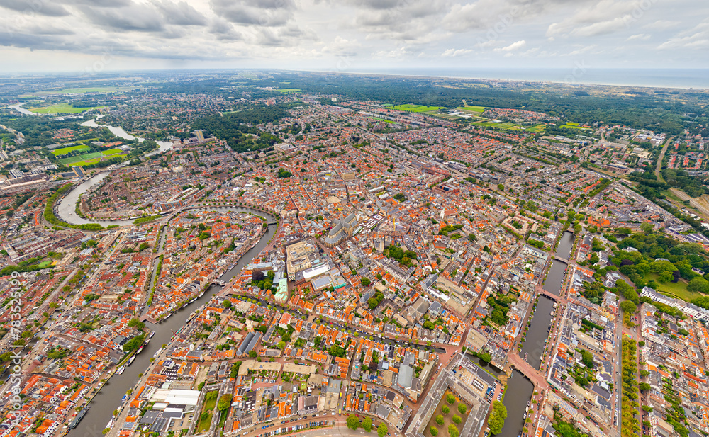 Haarlem, Netherlands. Panorama of the city in summer in cloudy weather. Aerial view