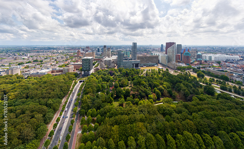 The Hague, Netherlands. The area with skyscrapers is Uilebomen. Panorama of the summer city in clouds weather. Aerial view