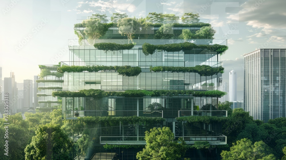 Eco-friendly building modern city sustainable glass building Ecology concept Office building with green environment hyper realistic 