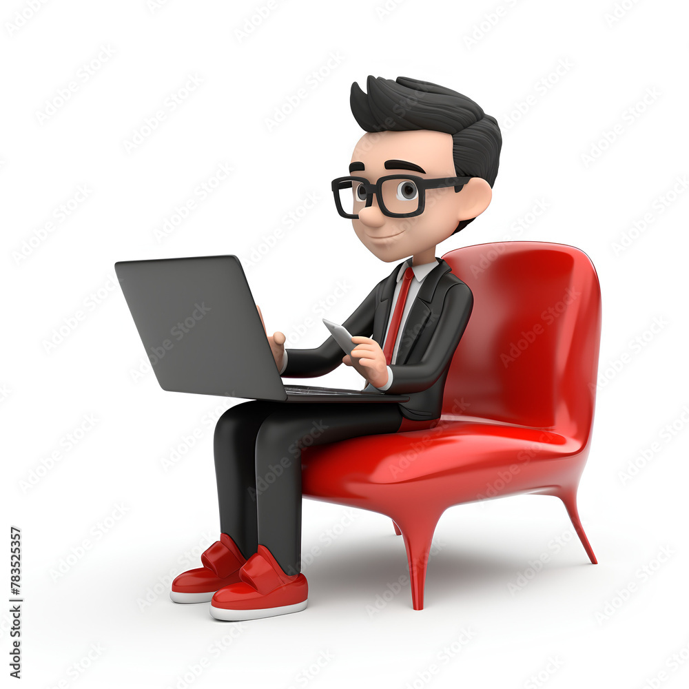 An animated business character in a red armchair, engaged in online work An animated business character in a red armchair, engaged in online work
