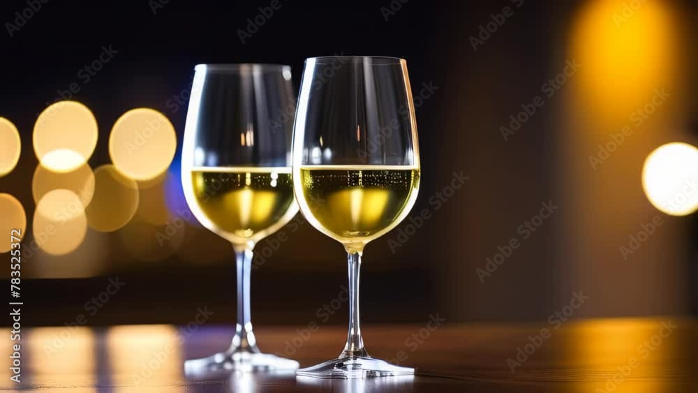 Two beautiful glasses of white wine on bokeh background