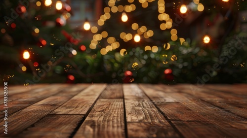 Empty wooden table with christmas theme in background hyper realistic 