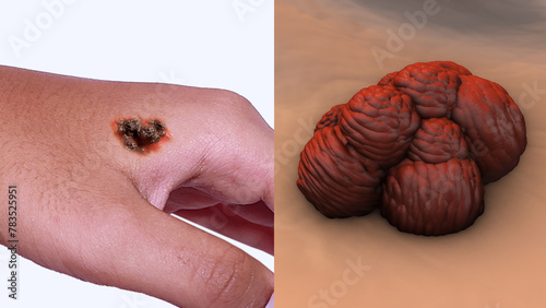 Cells of metastatic melanoma on hand