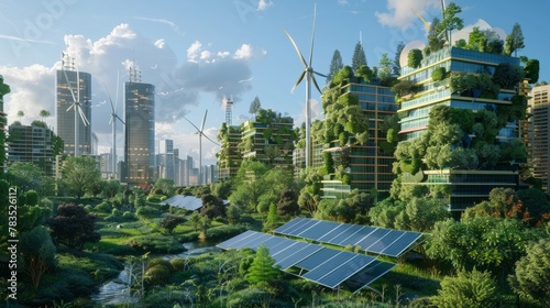 Generative AI of buildings, trees, solar panels and windmills. Green energy concept. hyper realistic  © Johannes