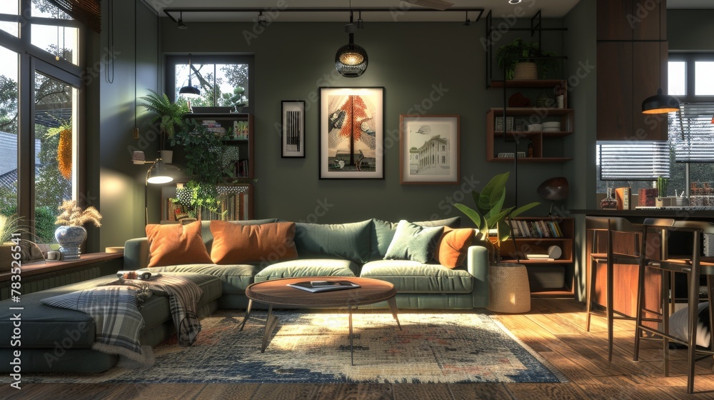 A photorealistic rendering of the apartment. The rendering is so realistic that it looks like a photograph. The apartment is furnished and decorated, and it is ready to move in.