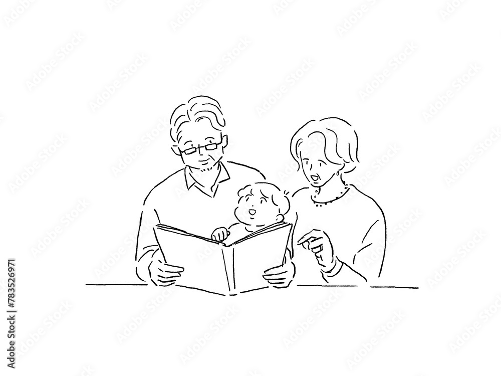 幼い男の子に本を読む初老の男性と女性、(祖父母と孫)、線画
幼い男の子に本を読む初老の男性と女性、(祖父母と孫)、線画