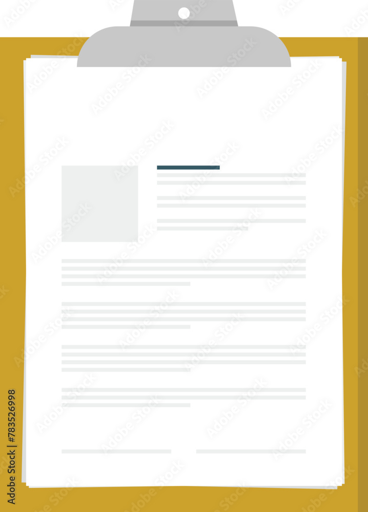 Clipboard with document containing
information on the project. Contract or
agreement in closeup, isolated icon of
paper with blank pages. Checklist or
business info, office supplies, notebook
vector.