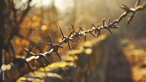 Golden sunrise casting light over a barbed wire fence, with focus on the wire's sharp silhouette