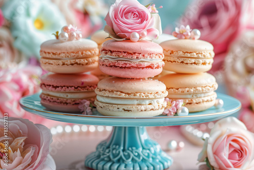 Surrealistic close-up of macarons with afternoon tea decorations  creating a whimsical food fantasy