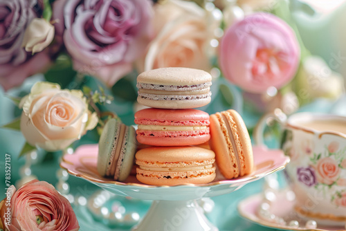 Surrealistic close-up of macarons with afternoon tea decorations, creating a whimsical food fantasy