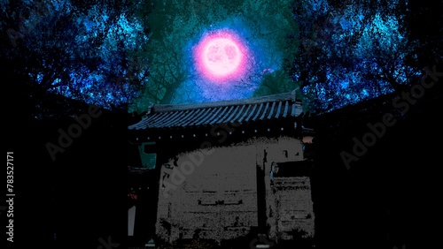 寂れた江戸時代風の武家屋敷の大門の白黒シルエットと怪しく輝く満月と夜空の背景イラスト