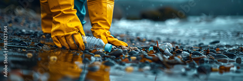 splash in the water,
 Person cleaning up plastic pollution in the environment photo