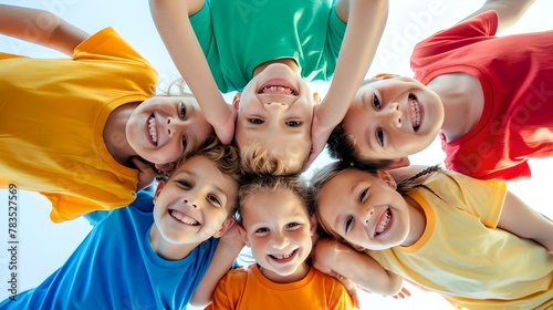Smiling children in colorful t-shirts huddled together, looking down at the camera. Joyful expressions, outdoor setting. Ideal for family and education themes. AI