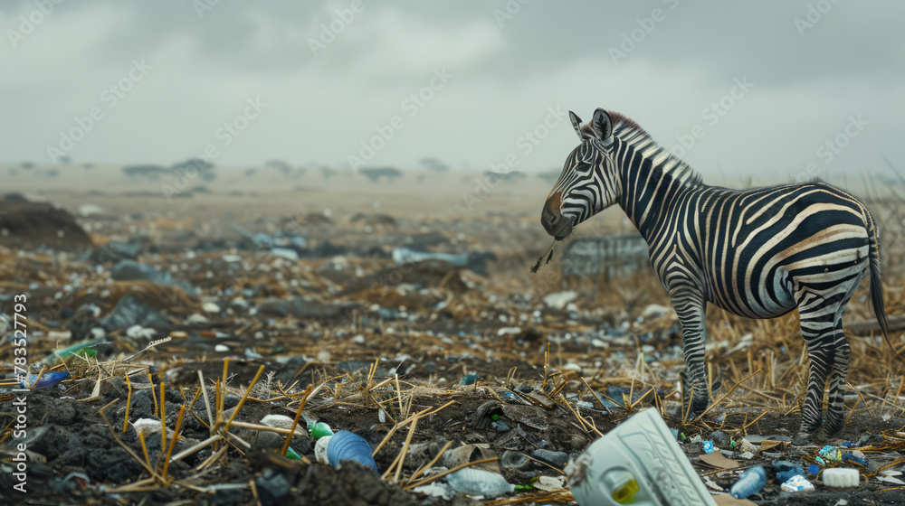Naklejka premium Polluted world. Garbage and waste. Animals suffer from pollution. Ecological disaster concept. AI-generated.