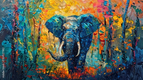 Oil painting, abstract forest elephant in blue, green, and orange, nature palette knife style, on a lively background with striking lighting and colorful highlights