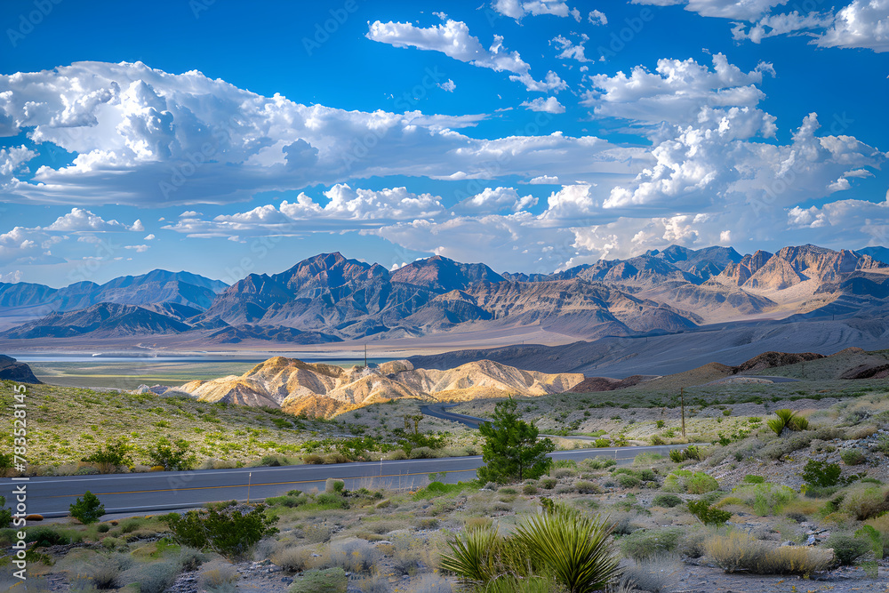 Vibrant Scenic View of Nevada Holiday Location: Mountains, Clear Sky, and Serene Water Body