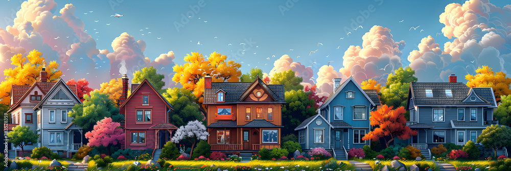 landscape with flowers,
 illustration houses