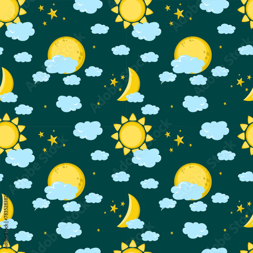Seamless pattern with full moon, moon and sun on clouds and stars background
