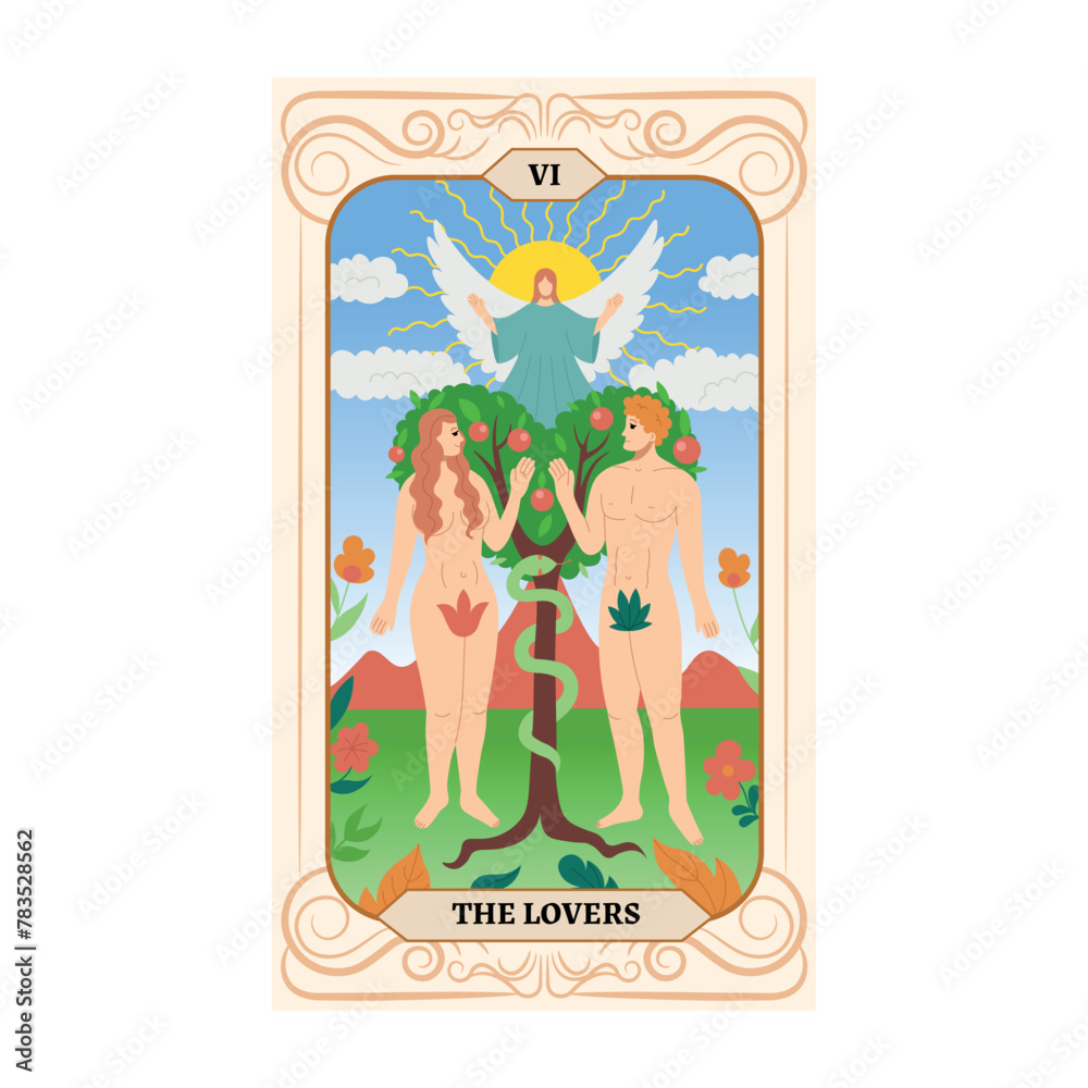 Adam and Eve in the Garden of Eden With a tree with apples and a tempting serpent. Angel blesses lovers. Major Arcana tarot card design. Hand drawn cartoon. THE LOVERS Adam and Eve in the Garden of Eden With a tree with apples and a tempting serpent. Angel blesses lovers. Major Arcana tarot card design. Hand drawn cartoon. THE LOVERS