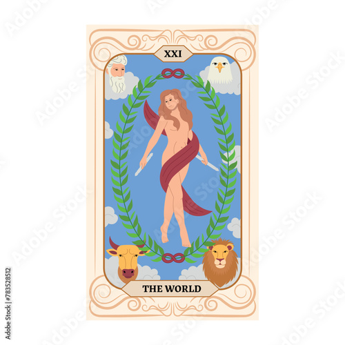 Major Arcana tarot card design. Hand drawn cartoon linear flat style.  The World