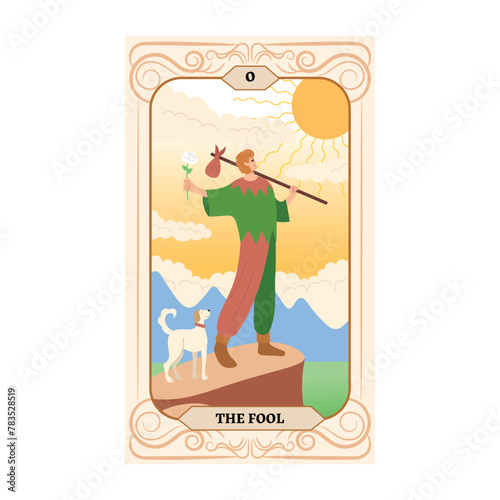 Major Arcana tarot card design. Hand drawn cartoon linear flat style. THE FOOL