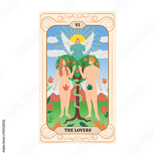 Adam and Eve in the Garden of Eden With a tree with apples and a tempting serpent. Angel blesses lovers. Major Arcana tarot card design. Hand drawn cartoon. THE LOVERS © NADEZHDA
