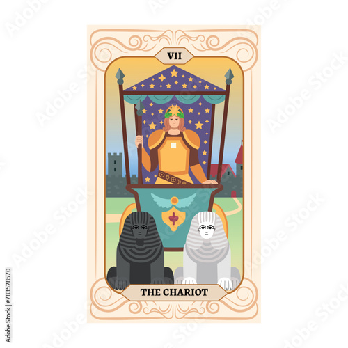 Major Arcana tarot card design. Hand drawn cartoon linear flat style. THE CHARIOT