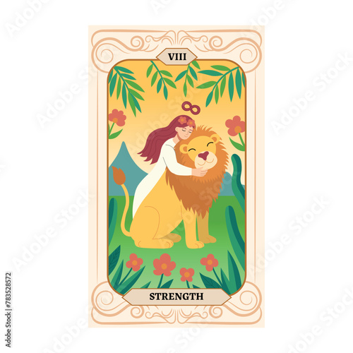 Girl hugs a lion.Major Arcana tarot card design. Hand drawn cartoon. STRENGTH